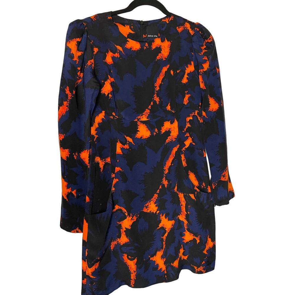 Dolce Vita Womens Long Sleeve Silk Shift Dress Front Pocket Size S Blue/Orange